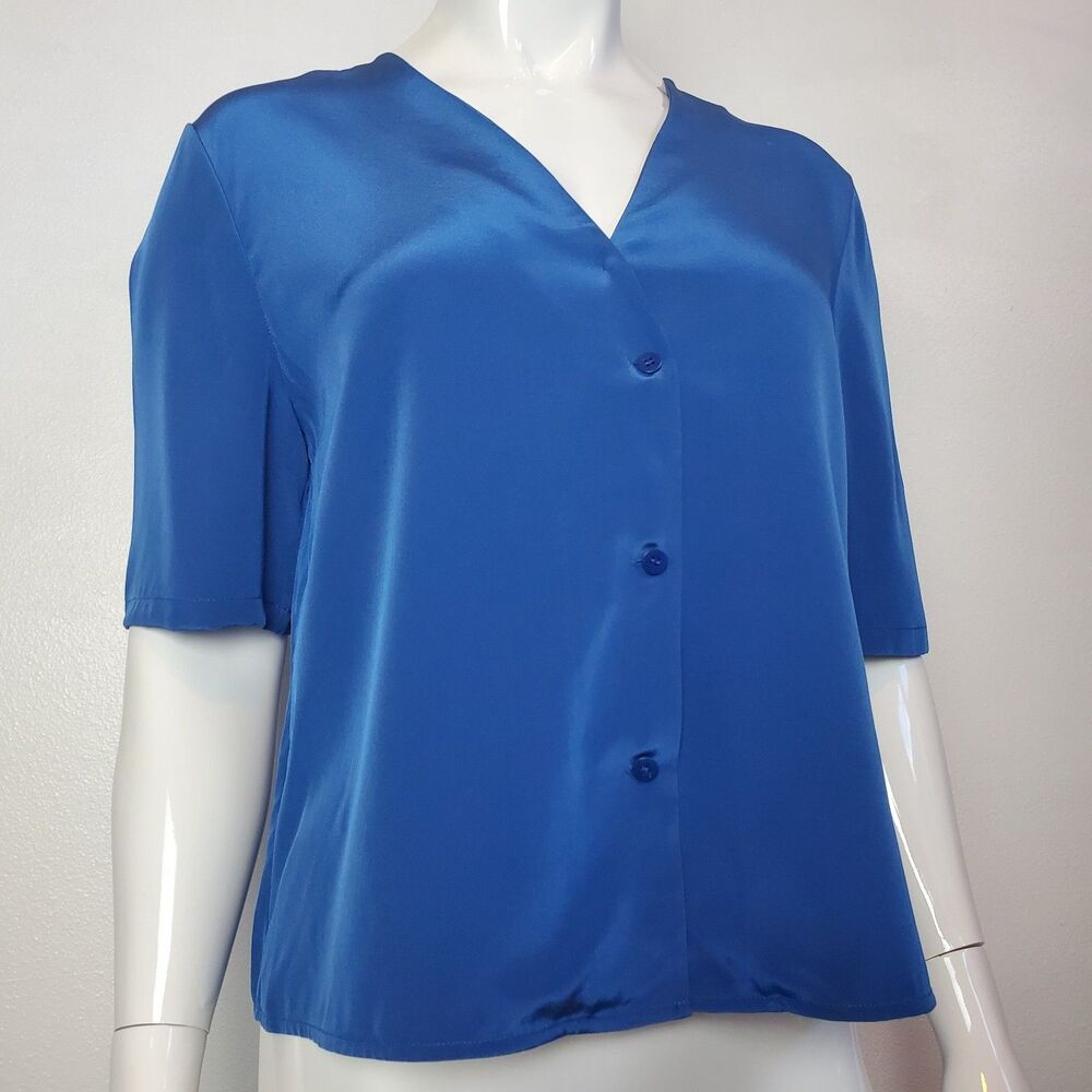 Vintage Diane Von Furstenberg Blue Silk Button-Up Blouse - Picture 2 of 8